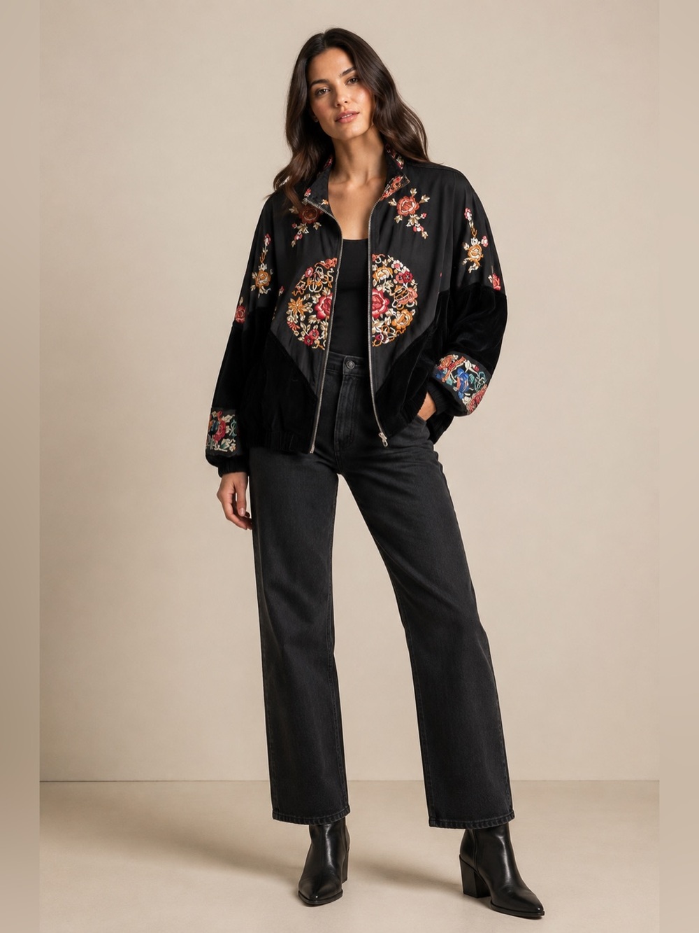 Free People Embroidered Velvet Bomber Jacket Black Size Medium - Picture 13 of 14